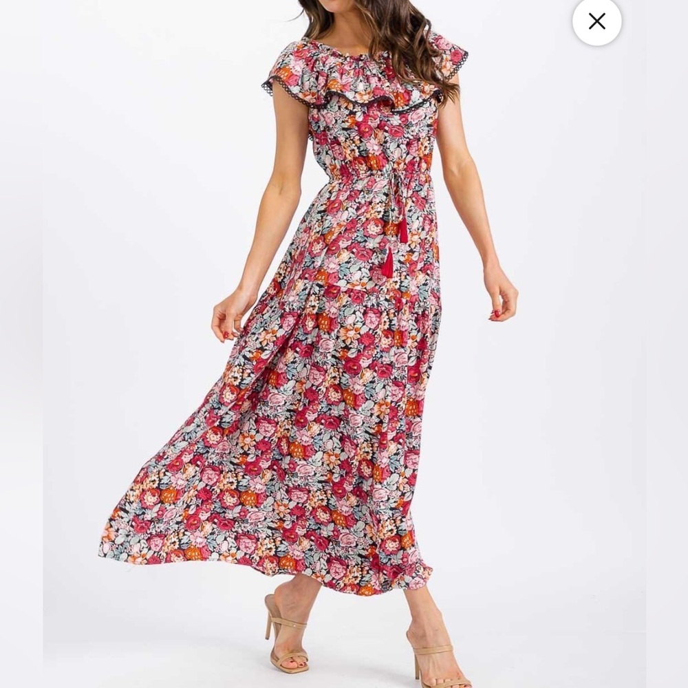 Sister Ruffled Off-Shoulder Floral Maxi Dress in Pink Multi